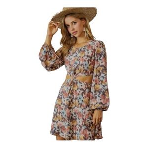 Endless Blu Floral Cutout Dress with Long Sleeves size small NWT